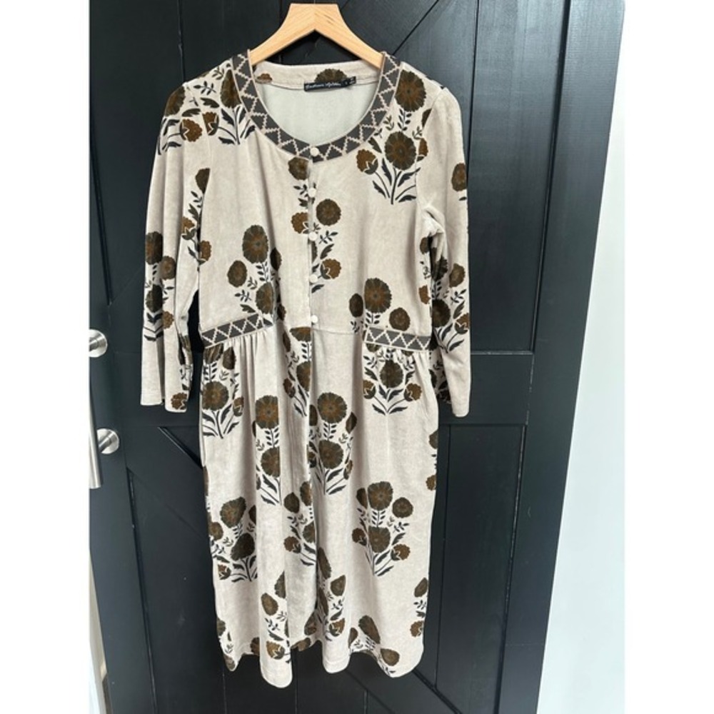 Gudrun Sjoden Floral Velour Button Front Duster Cardigan Size S Gray Layering